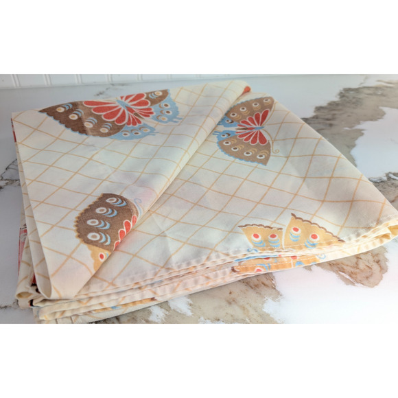 1970s Groovy Vintage Lady Pepperell BUTTERFLY Brown Orange Blue Queen Flat Sheet - Picture 1 of 6